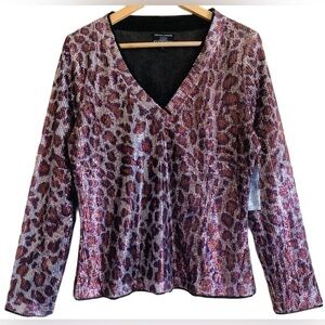 OLEG CASSINI Leopard Print Sequins Stretchy Bling Party Lightweight Blouse L NWT